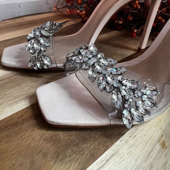 Schutz Vinyl Crystal-Embellished Stiletto Heel Sandal Sz 7.5B Mild Rose Ankle - Picture 5 of 14